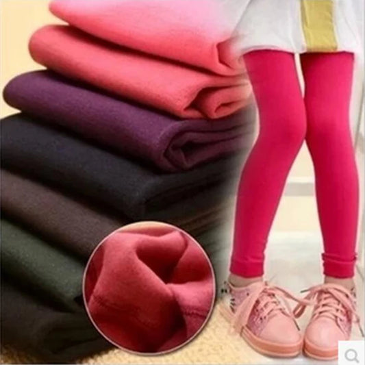 Autumn Winter Girls' Leggings - Plus Velvet for Warmth, Candy Colors, Comfortable Pants for Kids Aged 3-9 Years