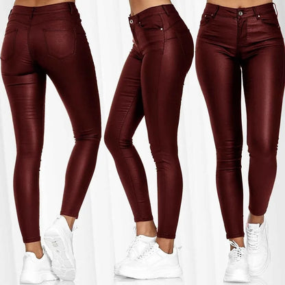 Women's High Waist PU Leather Pencil Pants – Elastic, Skinny - Hiccupzz
