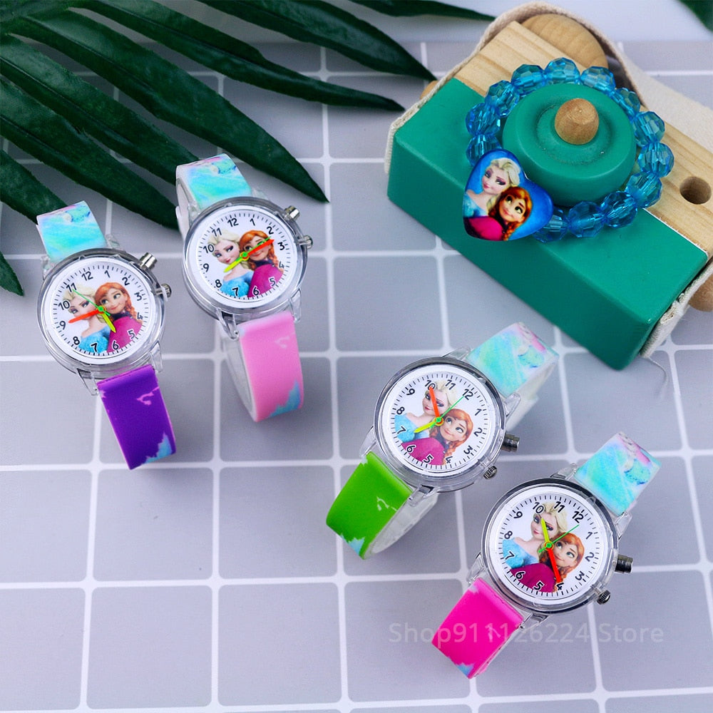 Cartoon Flash Light Girls Watches with Bracelet Silicone Strap