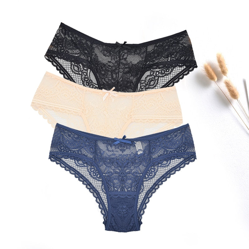 FallSweet  3 pcs / lot  ! Women Panties Sexy Lace Underwear Set  Plus Size Briefs Transparent Lingerie Femme