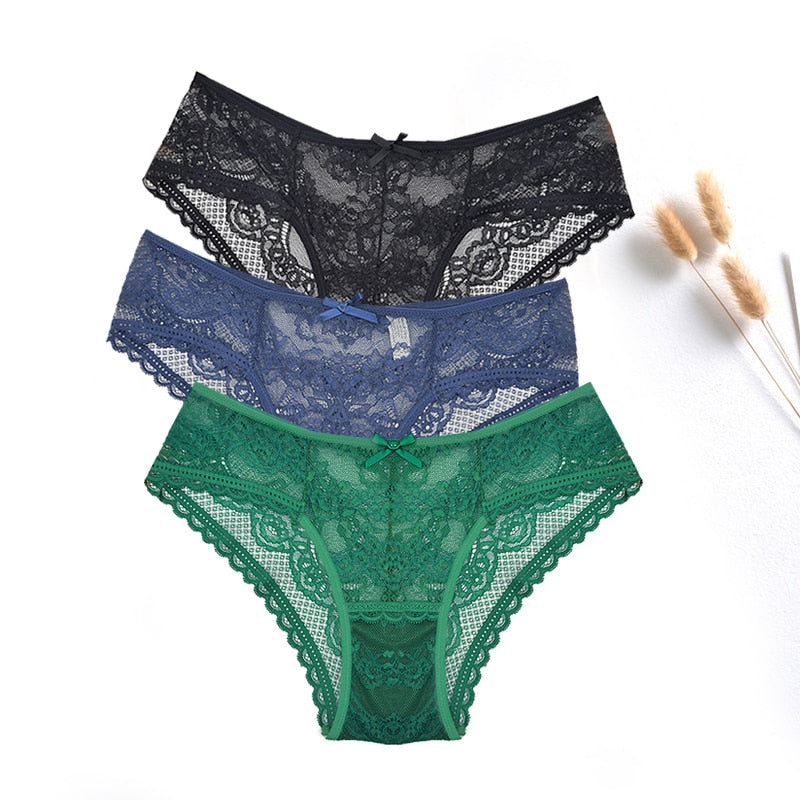 FallSweet  3 pcs / lot  ! Women Panties Sexy Lace Underwear Set  Plus Size Briefs Transparent Lingerie Femme