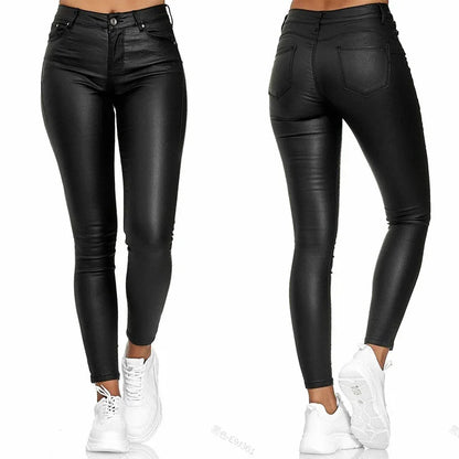Women's High Waist PU Leather Pencil Pants – Elastic, Skinny - Hiccupzz