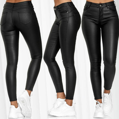 Women's High Waist PU Leather Pencil Pants – Elastic, Skinny - Hiccupzz