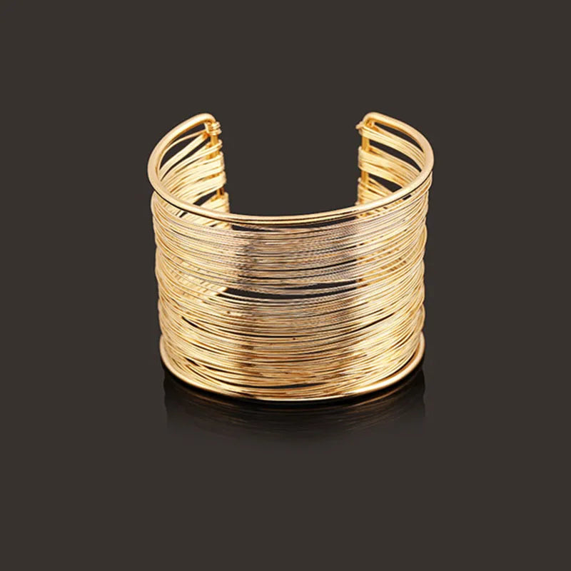 Punk Multilayer Metal Wire String Bracelets for Women, Vintage Exaggerated Gold Color Wide Open Cuff Bangles Jewelry - Hiccupzz