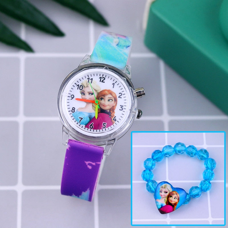 Cartoon Flash Light Girls Watches with Bracelet Silicone Strap