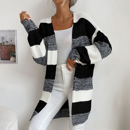 Women's Fashion New Arrival Long Buttonless Colorblock Sweater Jacket - Hiccupzz