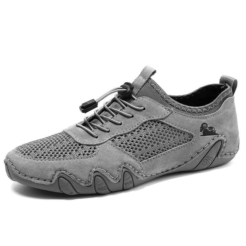 Zapatos deportivos casuales de malla de cuero cosido para hombres