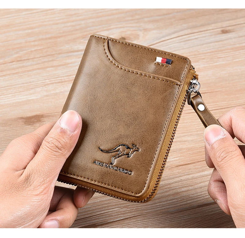 Men's Leather Wallet - Luxury Business Card Holder with Zipper and RFID Protection