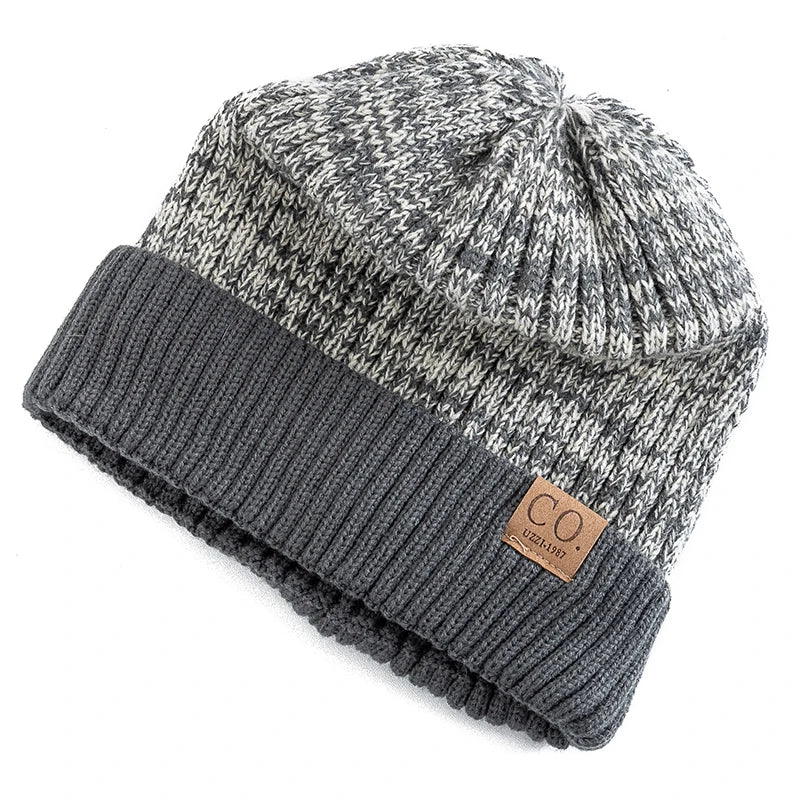 Unisex Two-Tone Winter Beanie - Fur-Lined Knitted Hat for Men and Women, Casual Fashion Warm Cap