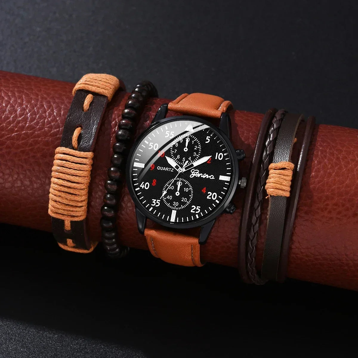 1/2/4 Pcs Men's Sports Watch Set - Business Quartz Wristwatch with Luxury Brown Leather Bracelet, Casual Design (No Box)