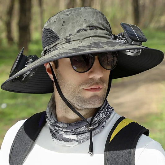 Outdoor Sun Hat with 2 Fan Large Brim Windproof Strap Solar or USB Charging Anti-UV Sun Protection Outdoor Fishing Camping Cap