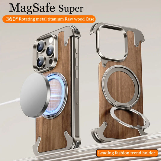 For iPhone 15 14 Pro Max Case 360°Rotating Ring Stand Magnetic Magsafe Phone Holder Walnut Wood Metal framework Protective cover