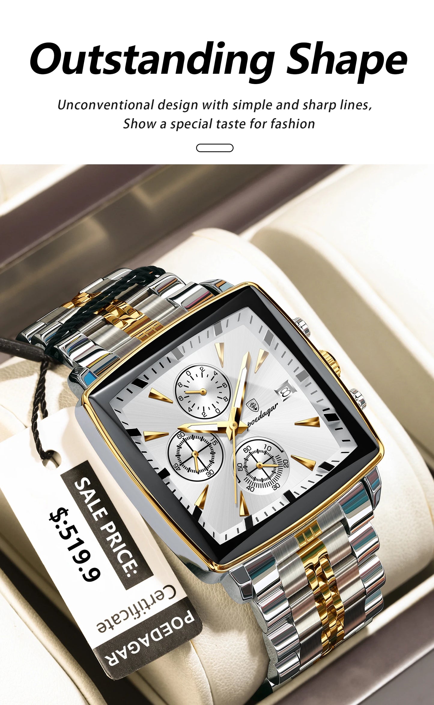 POEDAGAR Luxury Square Sport Watch for Men - Waterproof Luminous Chronograph, Stainless Steel Quartz