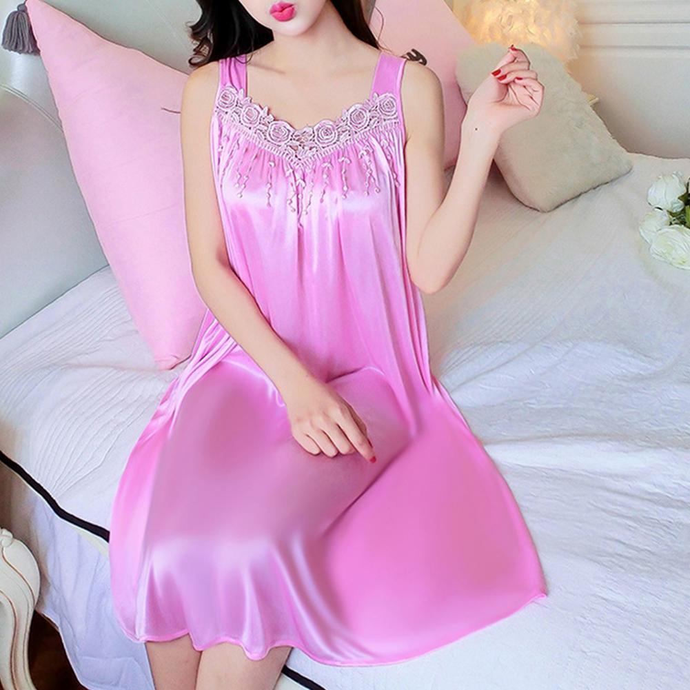 Hot！Women Night Dress Solid Color Sleeveless Knee Length Breathable Great Stitching Women Nightie Lady Pajamas for Female