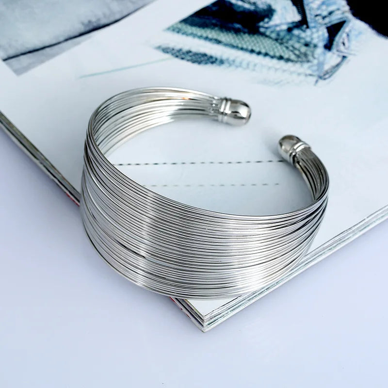 Punk Multilayer Metal Wire String Bracelets for Women, Vintage Exaggerated Gold Color Wide Open Cuff Bangles Jewelry - Hiccupzz