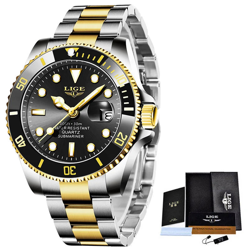 LIGE Luxury Diver Watch for Men - 30ATM Waterproof Quartz Wristwatch with Date, Sport Design