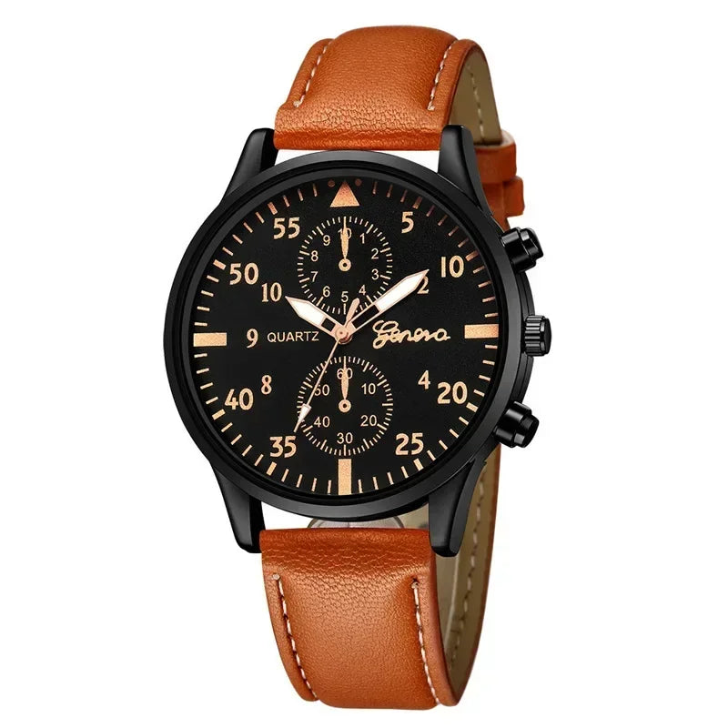 1/2/4 Pcs Men's Sports Watch Set - Business Quartz Wristwatch with Luxury Brown Leather Bracelet, Casual Design (No Box)