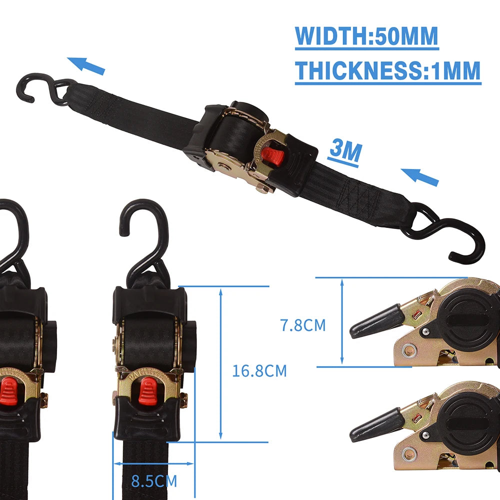 Universal Auto-Retractable Tie-Down Belts with S-Hooks