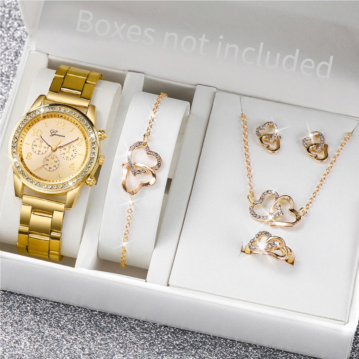 6 Pcs/Set Women's Watch Fashion Rhinestone Stainless Steel Band Quartz Watch Double Heart Jewelry Set(Without Box)