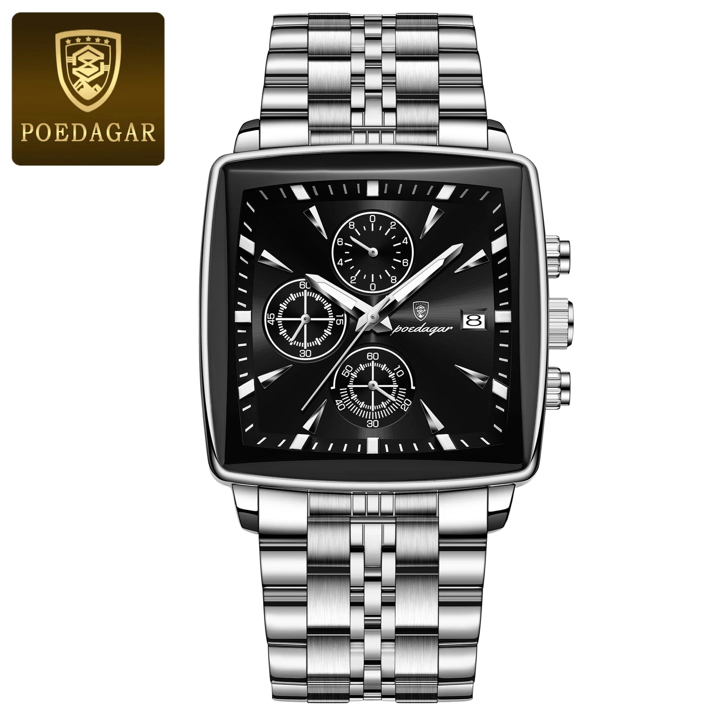 POEDAGAR Luxury Square Sport Watch for Men - Waterproof Luminous Chronograph, Stainless Steel Quartz