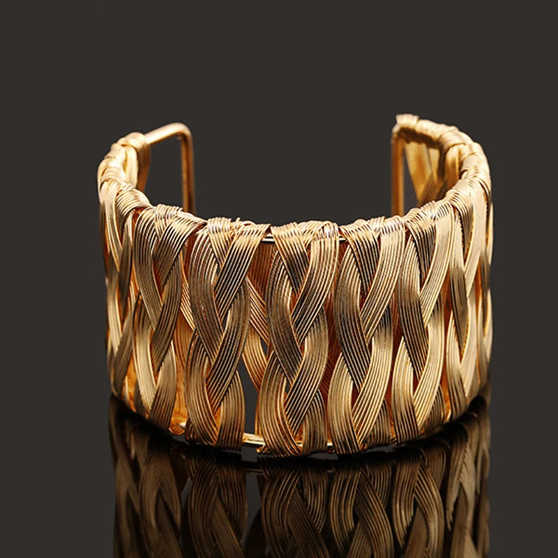 Punk Multilayer Metal Wire String Bracelets for Women, Vintage Exaggerated Gold Color Wide Open Cuff Bangles Jewelry - Hiccupzz