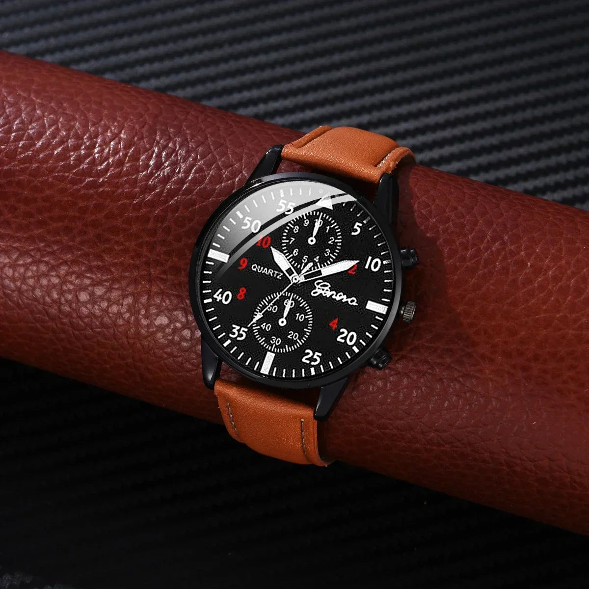 1/2/4 Pcs Men's Sports Watch Set - Business Quartz Wristwatch with Luxury Brown Leather Bracelet, Casual Design (No Box)