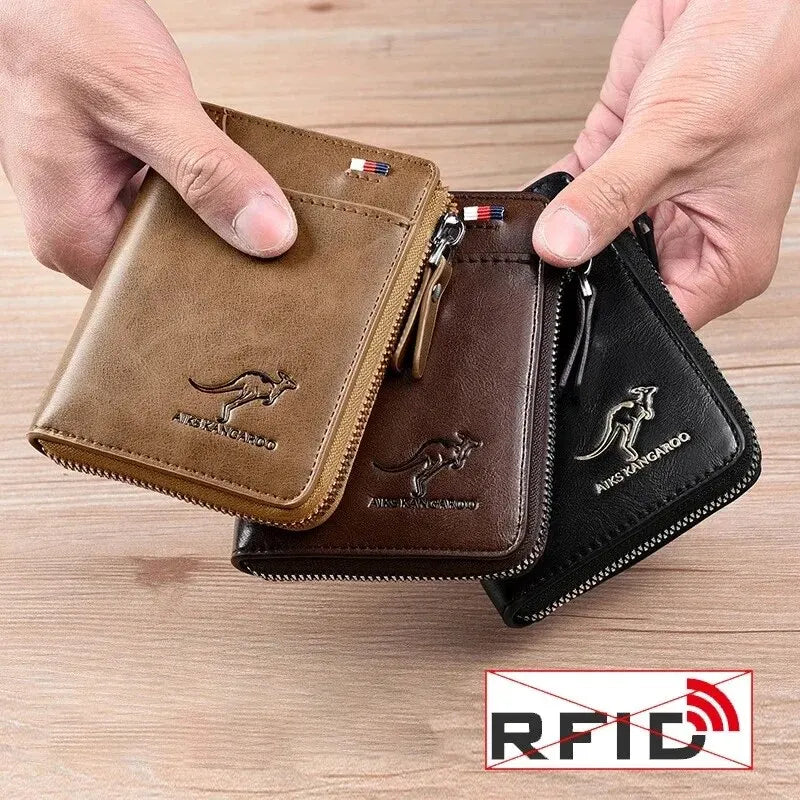 Men's Leather Wallet - Luxury Business Card Holder with Zipper and RFID Protection