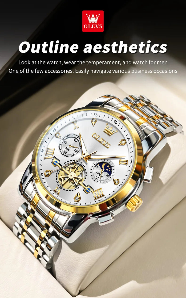 Men's Classic Multifunctional Watch - Flywheel Chronograph, Moon Phase, 24-Hour Waterproof Quartz Wristwatch