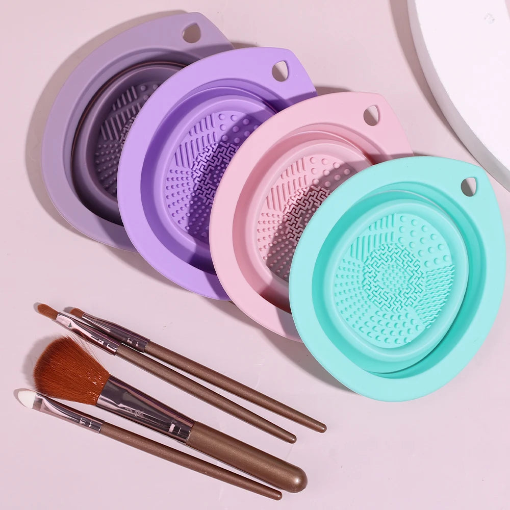 Foldable Silicone Makeup Brush Cleaner Bowl  Makeup Cleaning Brush Scrubber Mat Portable Washing Tool Cosmetic Brush Cleaner