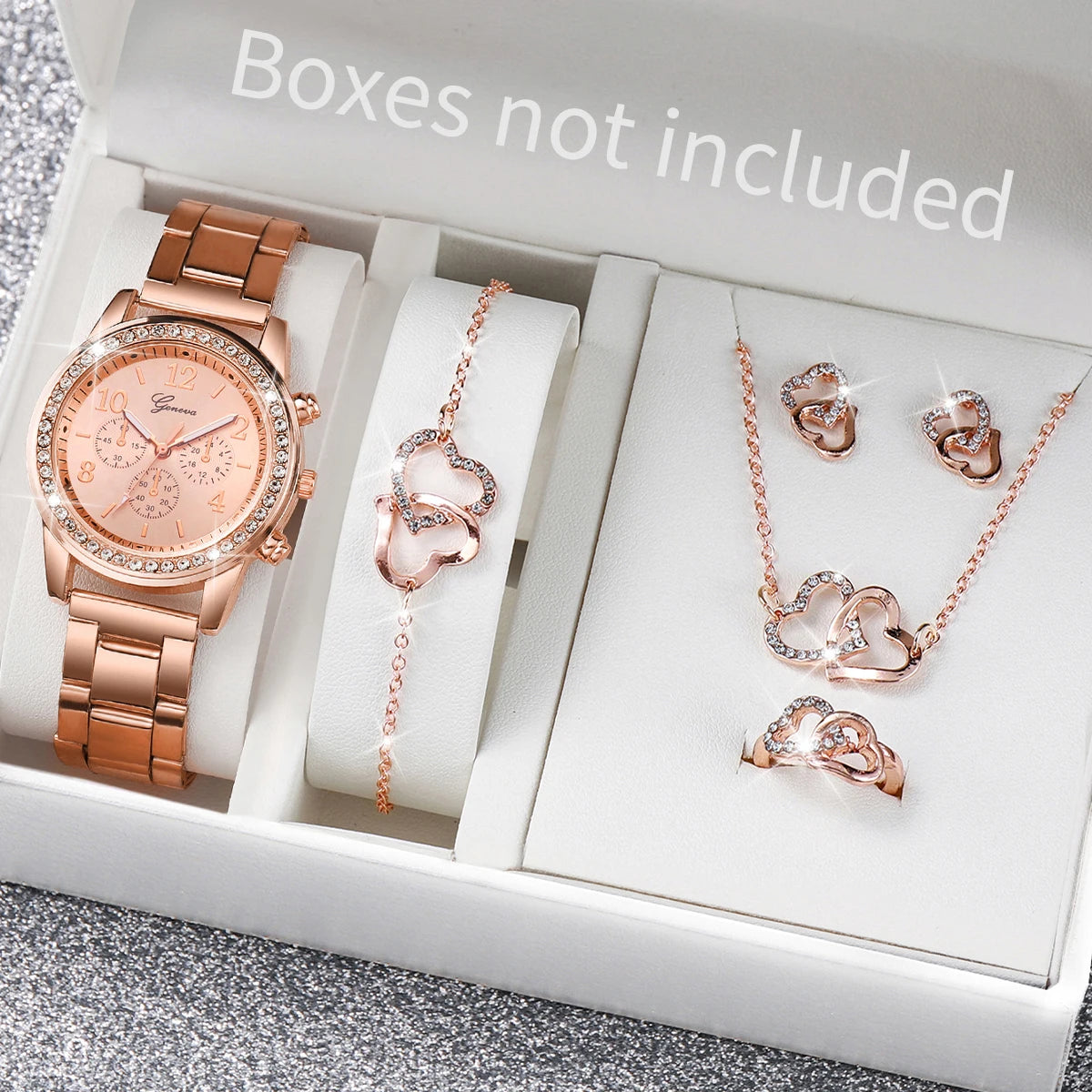 6 Pcs/Set Women's Watch Fashion Rhinestone Stainless Steel Band Quartz Watch Double Heart Jewelry Set(Without Box)