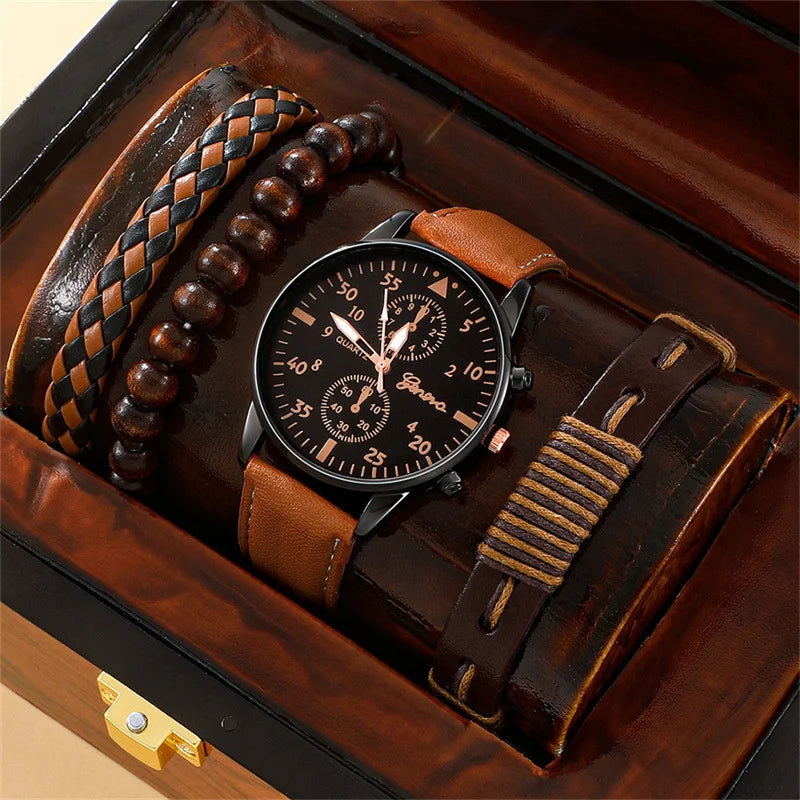 1/2/4 Pcs Men's Sports Watch Set - Business Quartz Wristwatch with Luxury Brown Leather Bracelet, Casual Design (No Box)