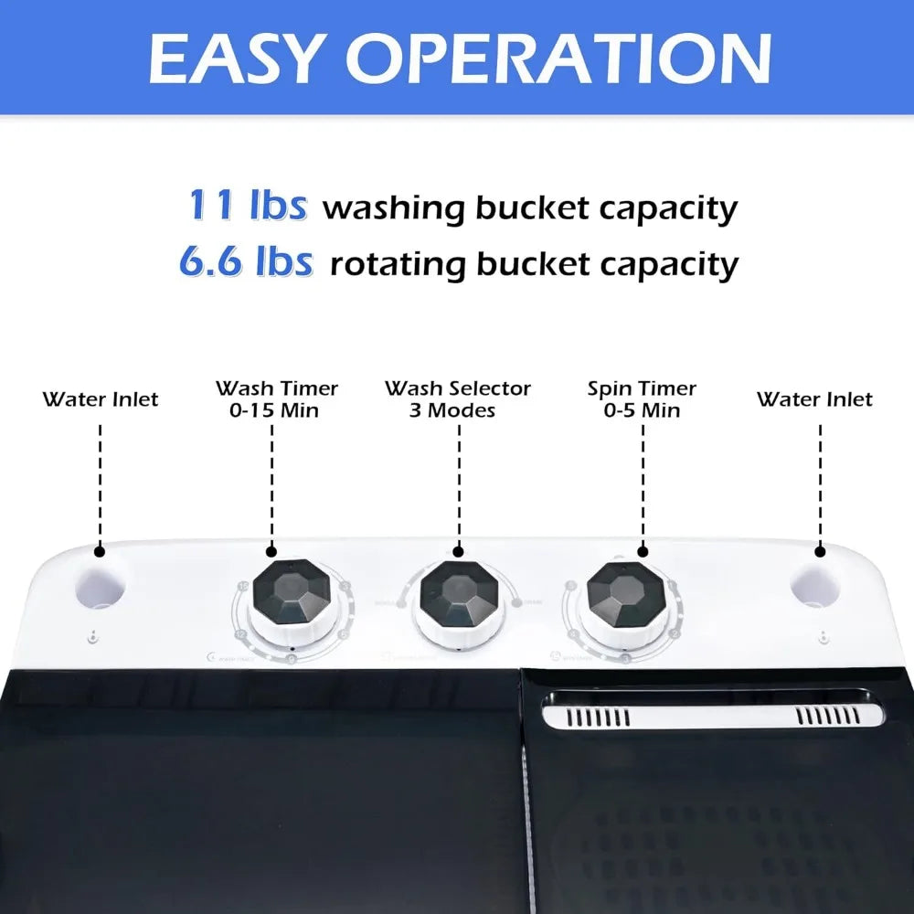 Portable Washing Machine 17.6Lbs Capacity Mini Compact Twin Tub Laundry Washer & Spinner with Gravity Drain Pump for Apartment - Hiccupzz