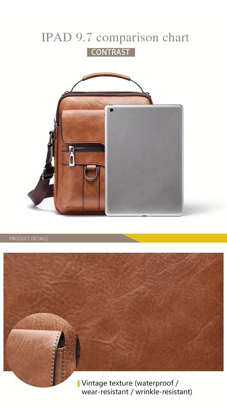 Men's PU Leather Shoulder Bag - Fits 9.7'' iPad, Business Crossbody Messenger Bag with Flap for Travel