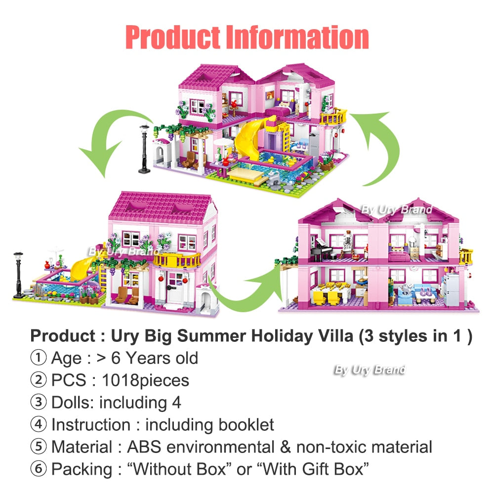 Friends City House Summer Holiday Villa Castle Building Blocks Sets Figures Swimming Pool DIY Toys for Kids Girls