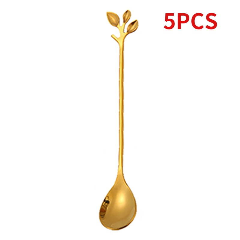 1/5PCS  Tree Leaf Stainless Steel Gold Spoons