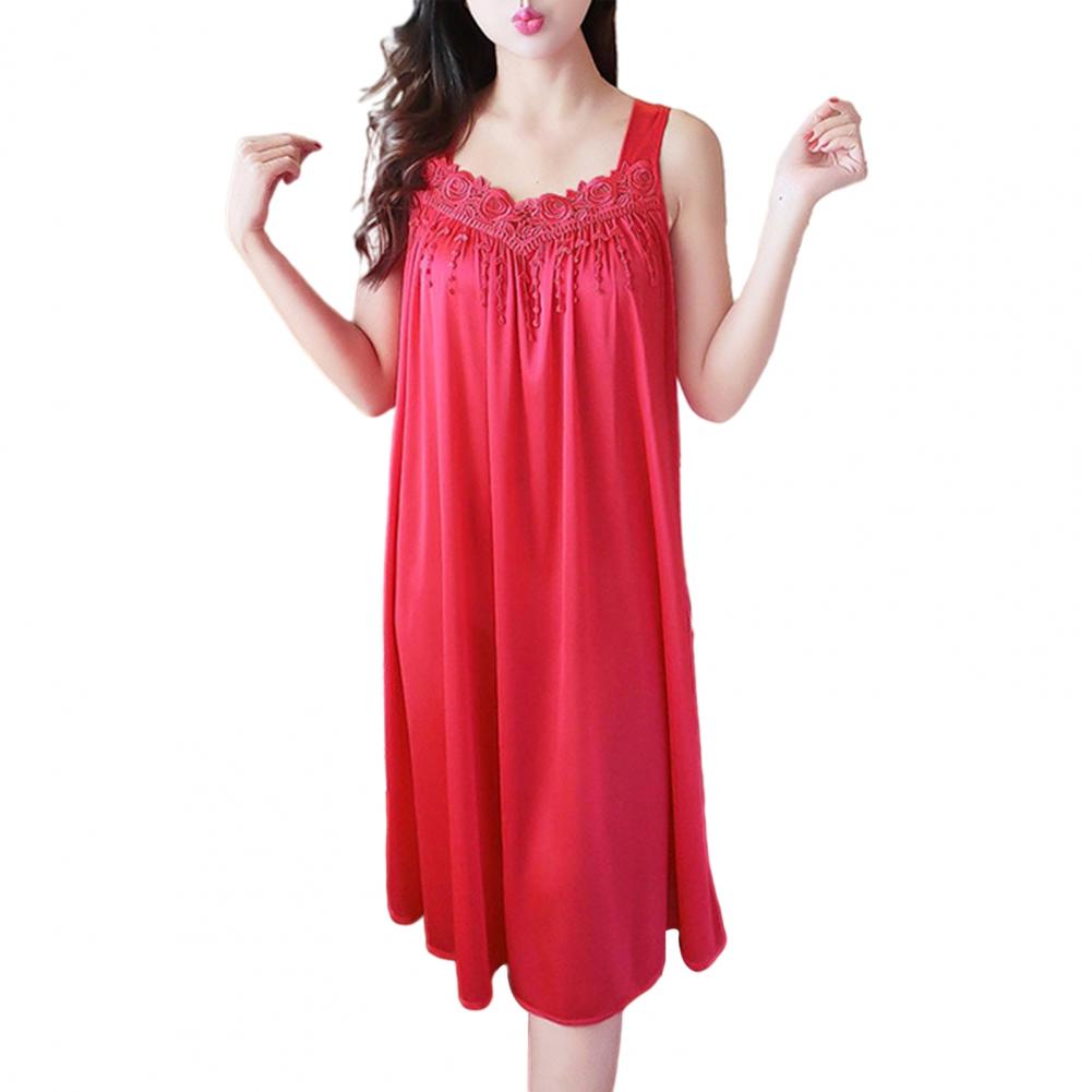 Hot！Women Night Dress Solid Color Sleeveless Knee Length Breathable Great Stitching Women Nightie Lady Pajamas for Female