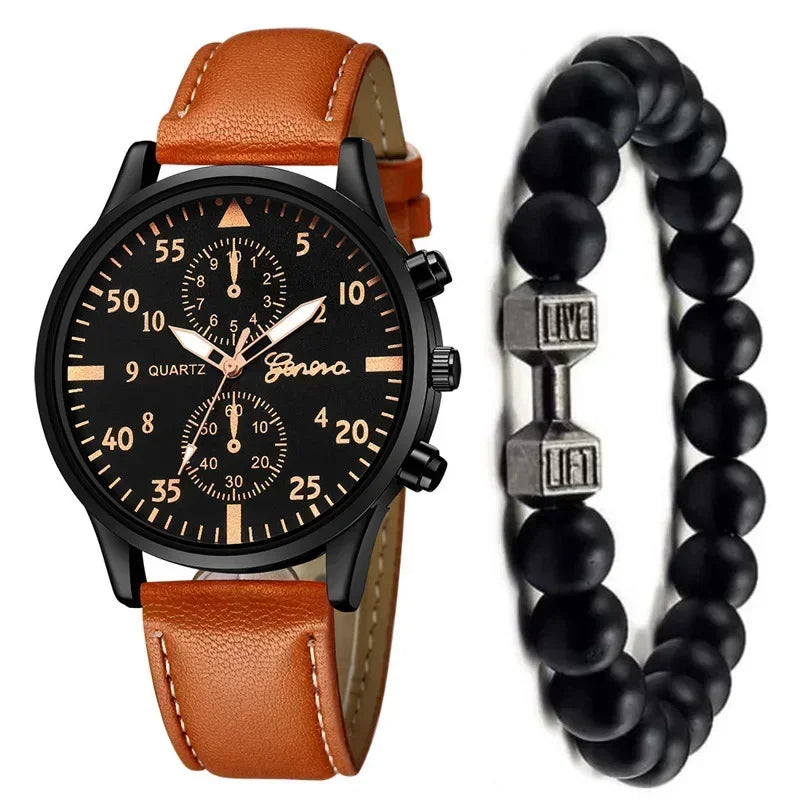 1/2/4 Pcs Men's Sports Watch Set - Business Quartz Wristwatch with Luxury Brown Leather Bracelet, Casual Design (No Box)