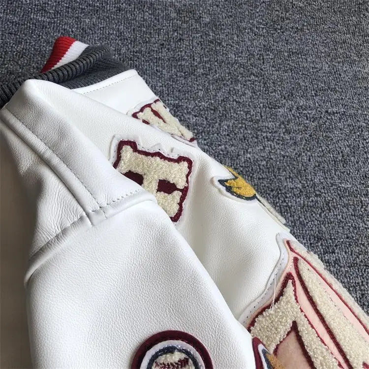 New Men's Winter Baseball Jacket - Retro Leather Jacket with Heavy Industry Embroidery, White Short Coat