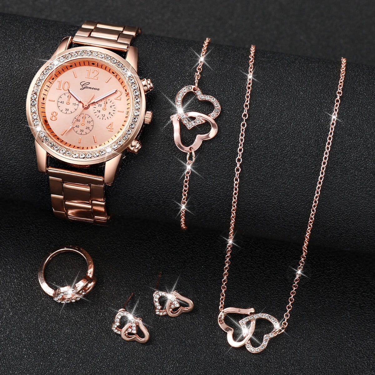 6 Pcs/Set Women's Watch Fashion Rhinestone Stainless Steel Band Quartz Watch Double Heart Jewelry Set(Without Box)