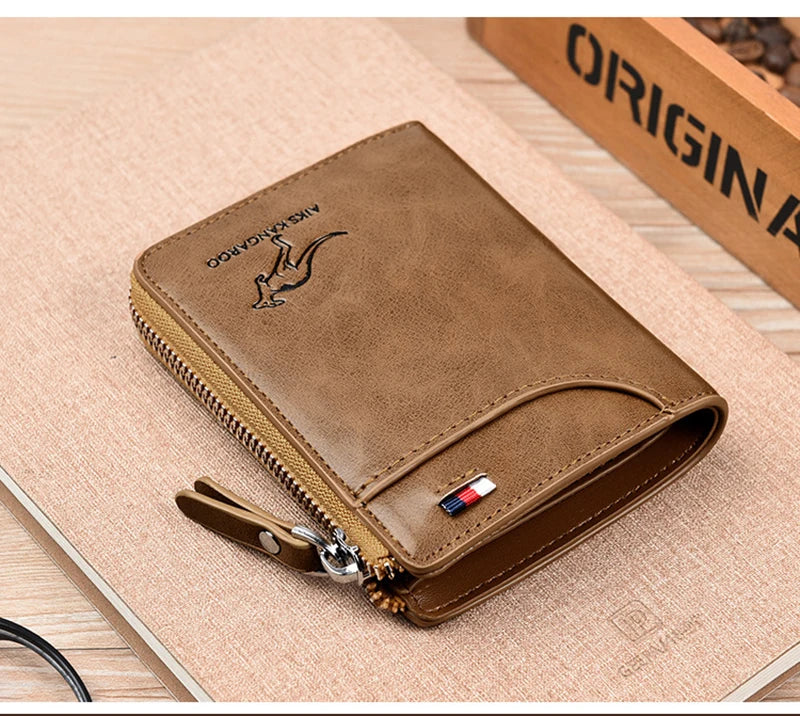 Men's Leather Wallet - Luxury Business Card Holder with Zipper and RFID Protection