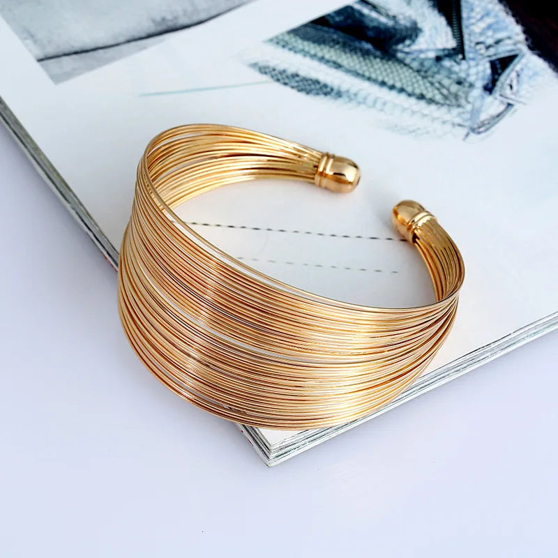Punk Multilayer Metal Wire String Bracelets for Women, Vintage Exaggerated Gold Color Wide Open Cuff Bangles Jewelry - Hiccupzz