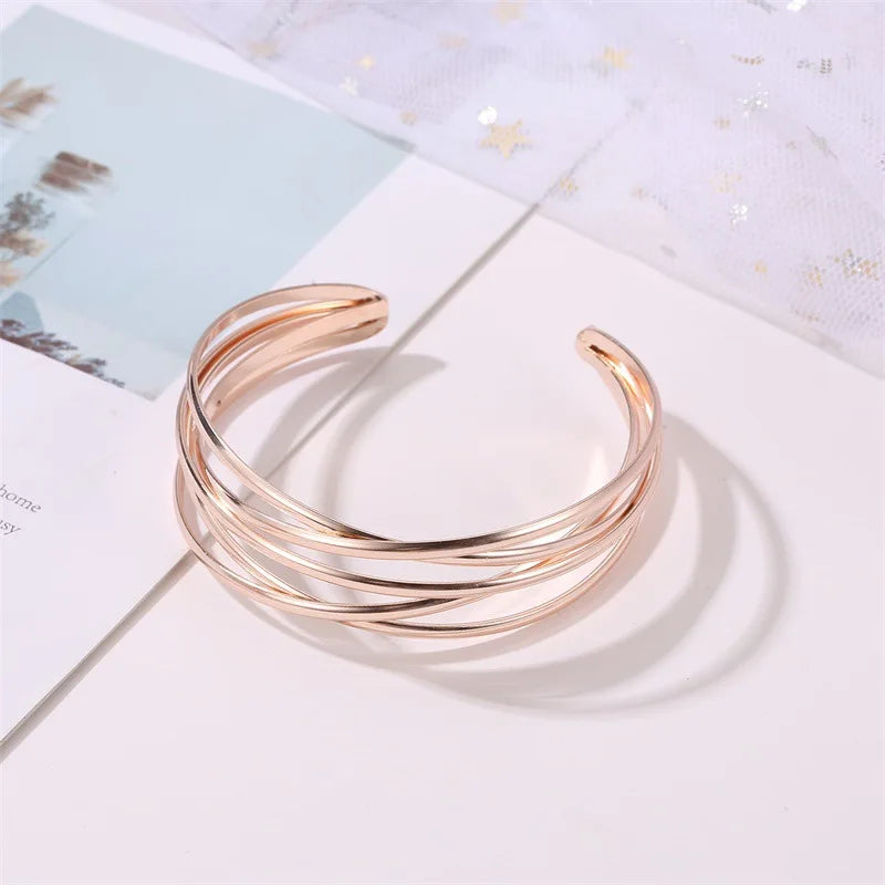 Punk Multilayer Metal Wire String Bracelets for Women, Vintage Exaggerated Gold Color Wide Open Cuff Bangles Jewelry - Hiccupzz