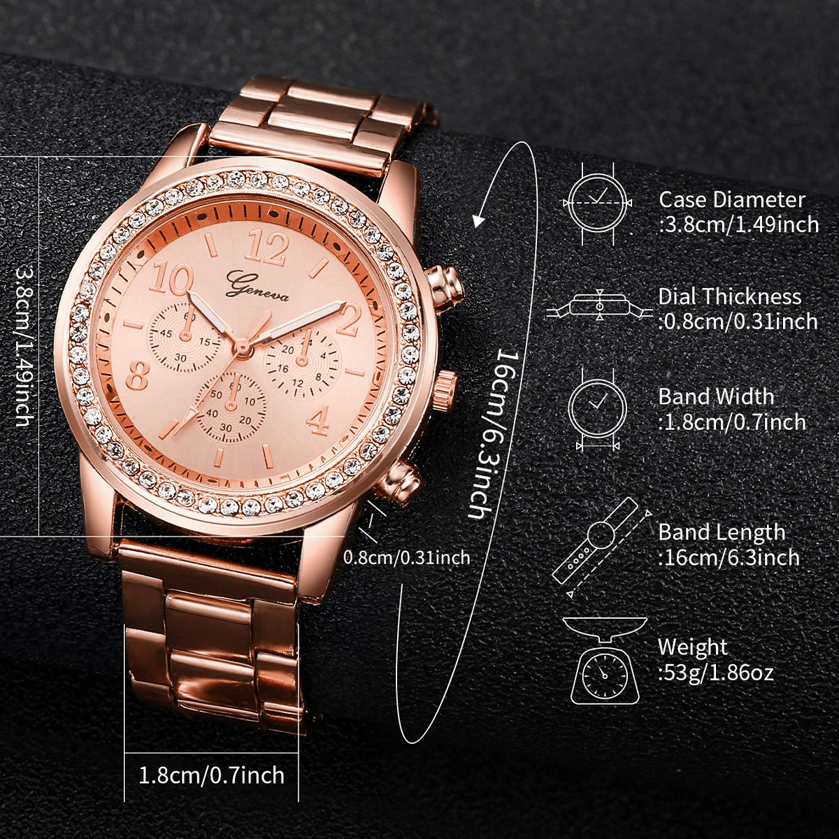 6 Pcs/Set Women's Watch Fashion Rhinestone Stainless Steel Band Quartz Watch Double Heart Jewelry Set(Without Box)