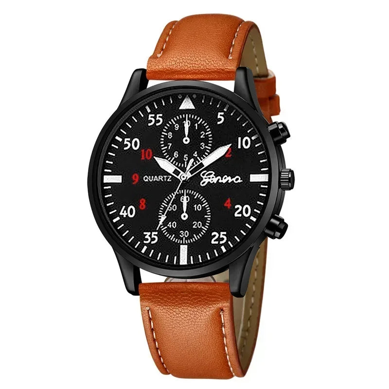 1/2/4 Pcs Men's Sports Watch Set - Business Quartz Wristwatch with Luxury Brown Leather Bracelet, Casual Design (No Box)