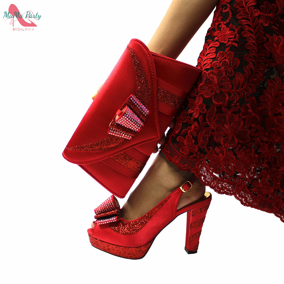 Elegant Style African Women Shoes Matching Hand Bag Set in Red  Color Slingbacks Sandals with Platform for Party