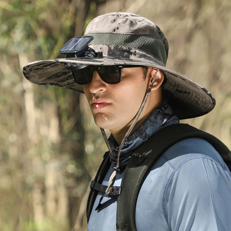 Sombrero de pescador con ventilador de viento grande recargable con energía solar