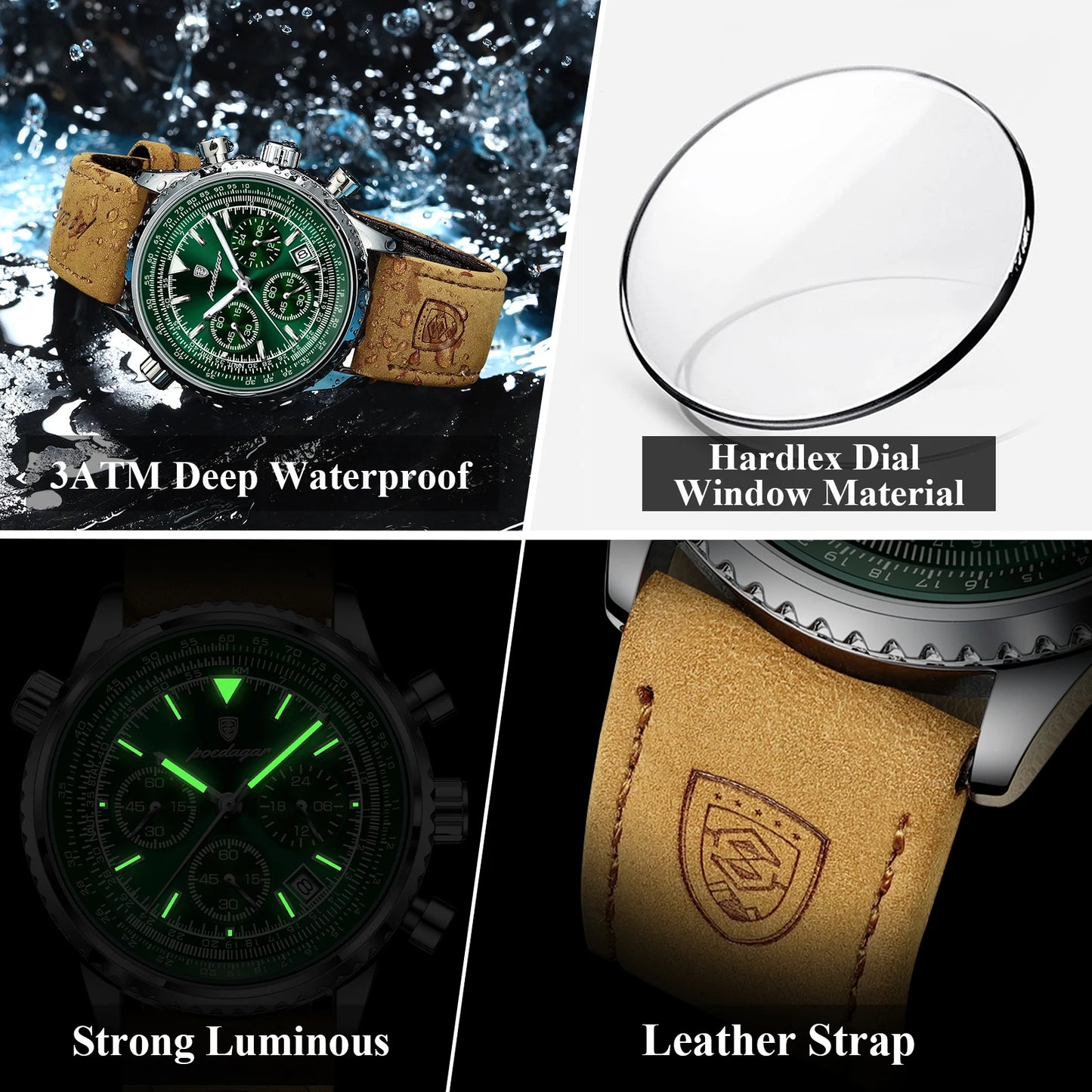 POEDAGAR Luxury Men's Watch - Quartz, Waterproof, Luminous Date Chronograph, Leather Strap, Military Sports Wristwatch