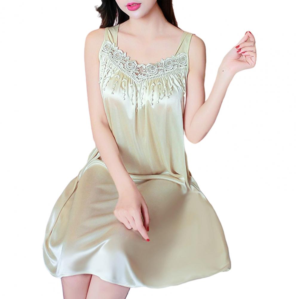 Hot！Women Night Dress Solid Color Sleeveless Knee Length Breathable Great Stitching Women Nightie Lady Pajamas for Female