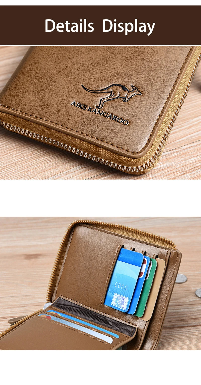 Men's Leather Wallet - Luxury Business Card Holder with Zipper and RFID Protection