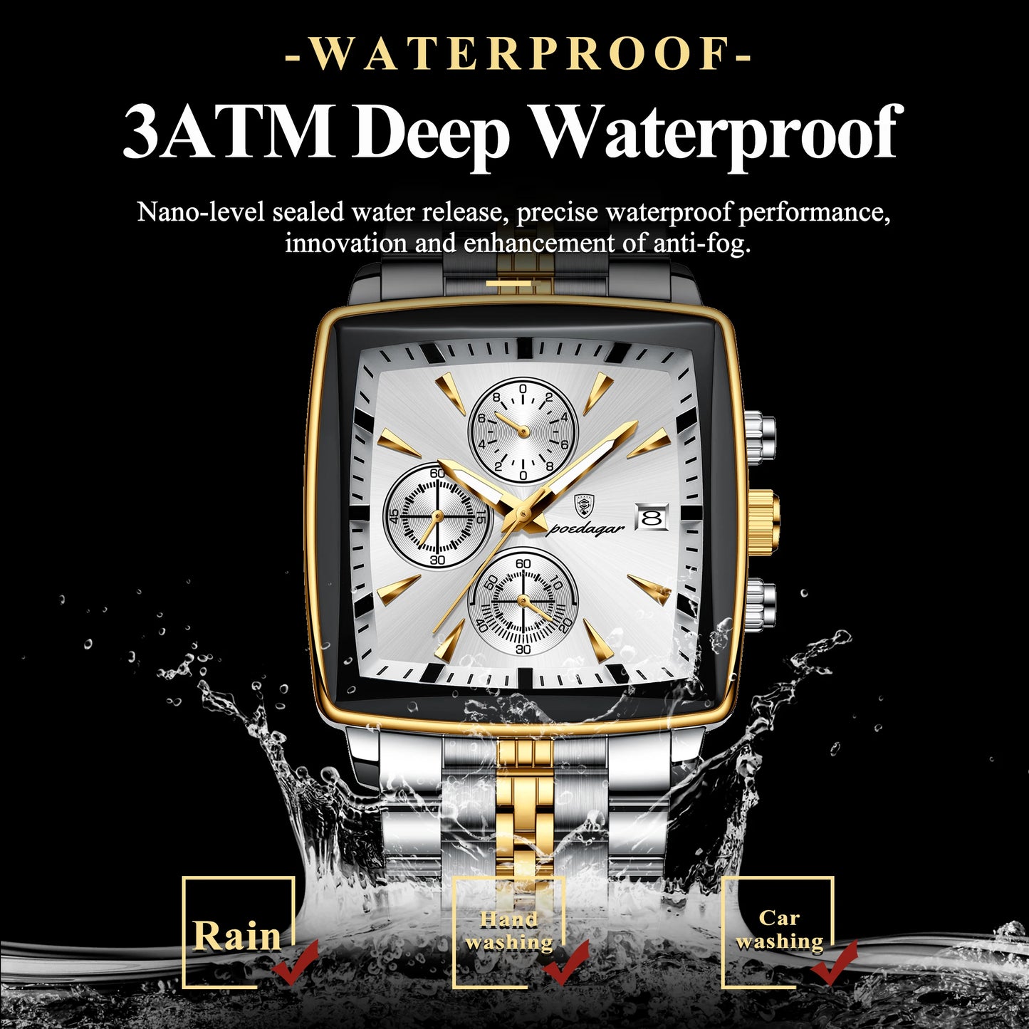 POEDAGAR Luxury Square Sport Watch for Men - Waterproof Luminous Chronograph, Stainless Steel Quartz